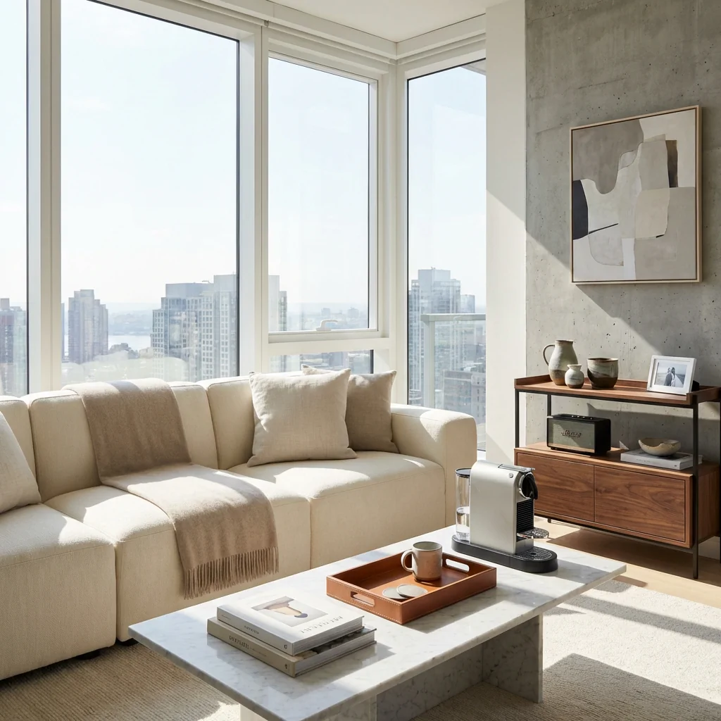High-end modern living room with curated lifestyle essentials