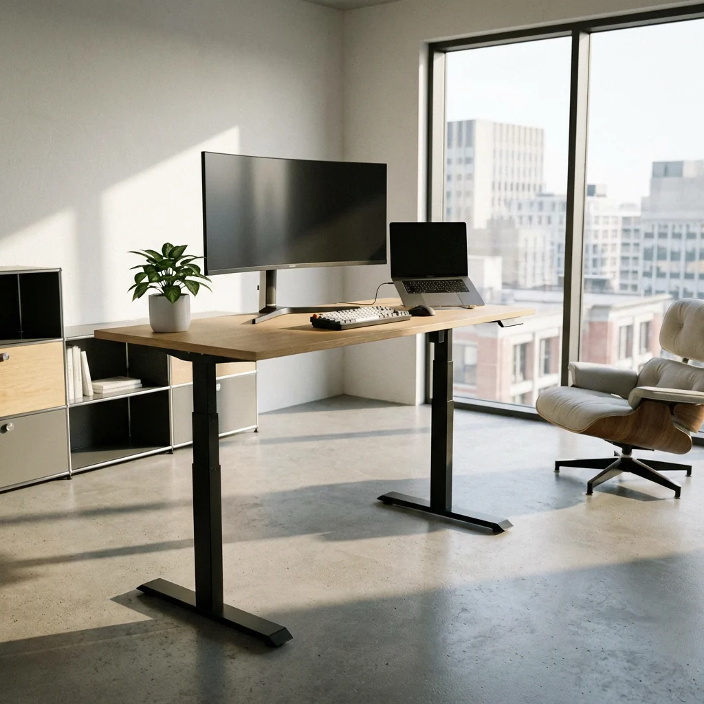Adjustable standing desk in a modern workspace